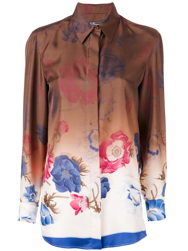 Salvatore Ferragamo - Floral Print Shaded Shirt - Women - Silk - 44, Brown, Silk
