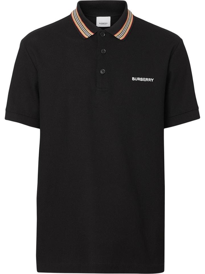 Burberry Icon Stripe Detail Cotton Piqué Polo Shirt - Black