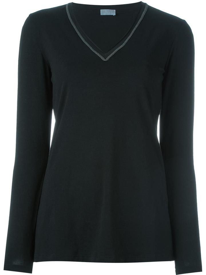 Brunello Cucinelli V-neck Top, Women's, Size: Large, Black, Cotton/spandex/elastane
