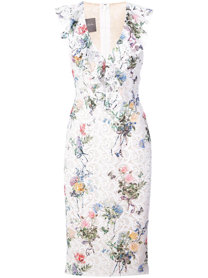 Monique Lhuillier Ruffle Detail Floral Print Dress - White