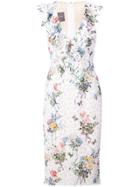 Monique Lhuillier Ruffle Detail Floral Print Dress - White