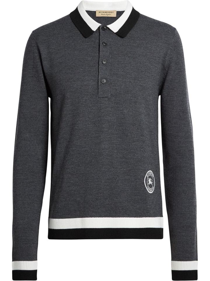 Burberry Stripe Detail Merino Wool Long-sleeve Polo Shirt - Grey