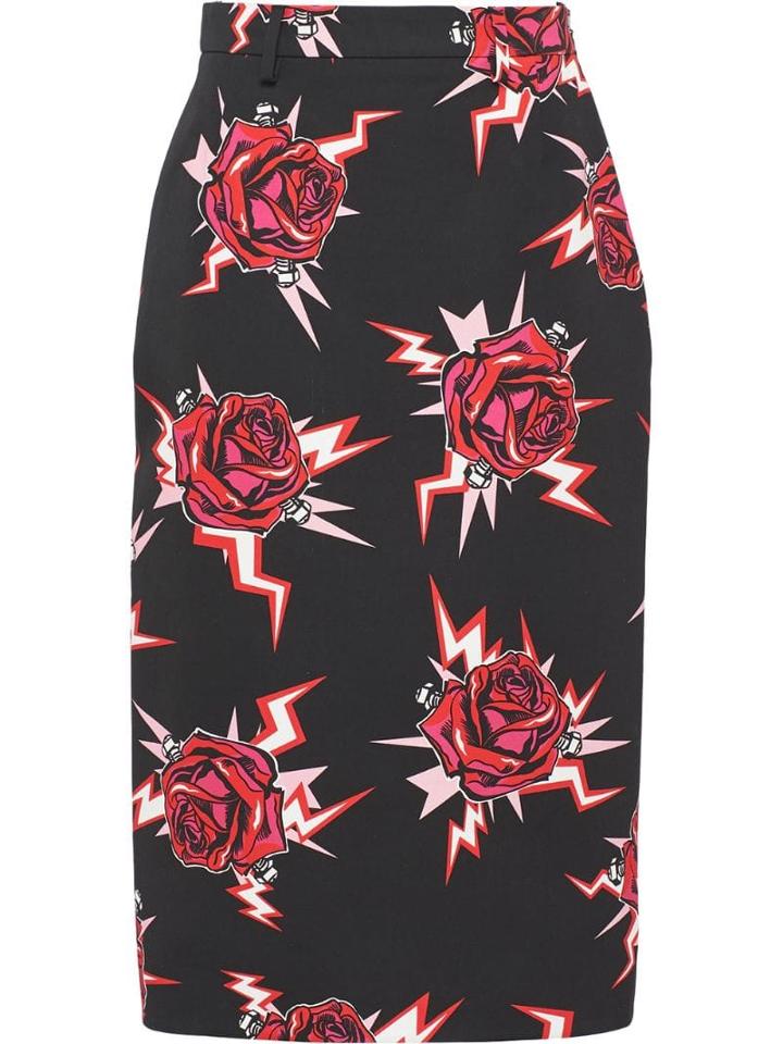Prada Rose Print Pencil Skirt - Red