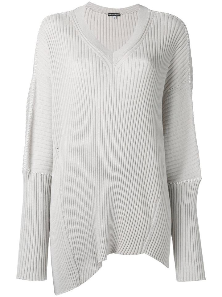 Ann Demeulemeester Rib Knit V-neck Sweater, Women's, Size: Small, Grey, Cotton/cashmere