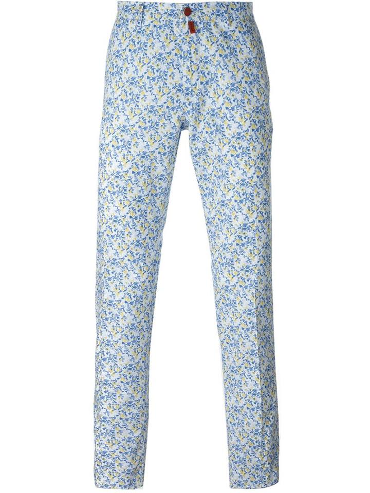 Kiton Floral Print Trousers, Men's, Size: 38, Blue, Cotton