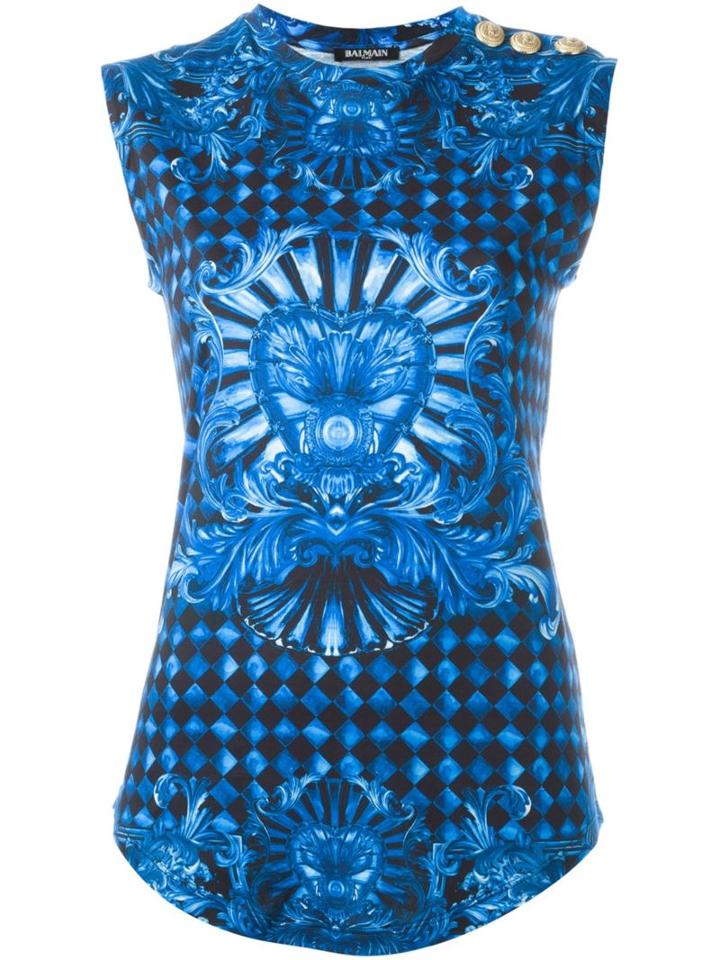 Balmain Printed Tank Top, Women's, Size: 38, Blue, Cotton