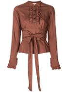 Romeo Gigli Pre-owned Ruffled Trim Belted Shirt - Brown