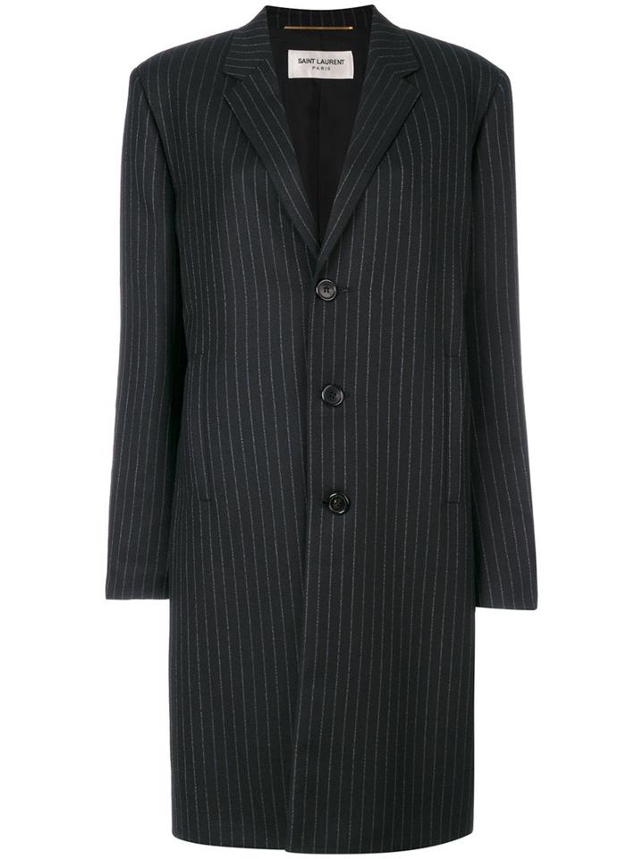 Saint Laurent - Pinstripe Mid-length Coat - Women - Silk/cotton/wool - 38, Black, Silk/cotton/wool