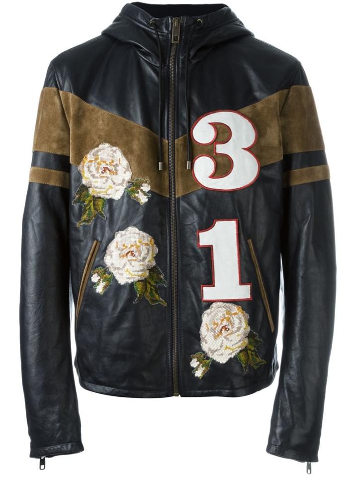 Dolce & Gabbana Patch Jacket, Men's, Size: 54, Black, Lamb Skin/calf Leather/silk