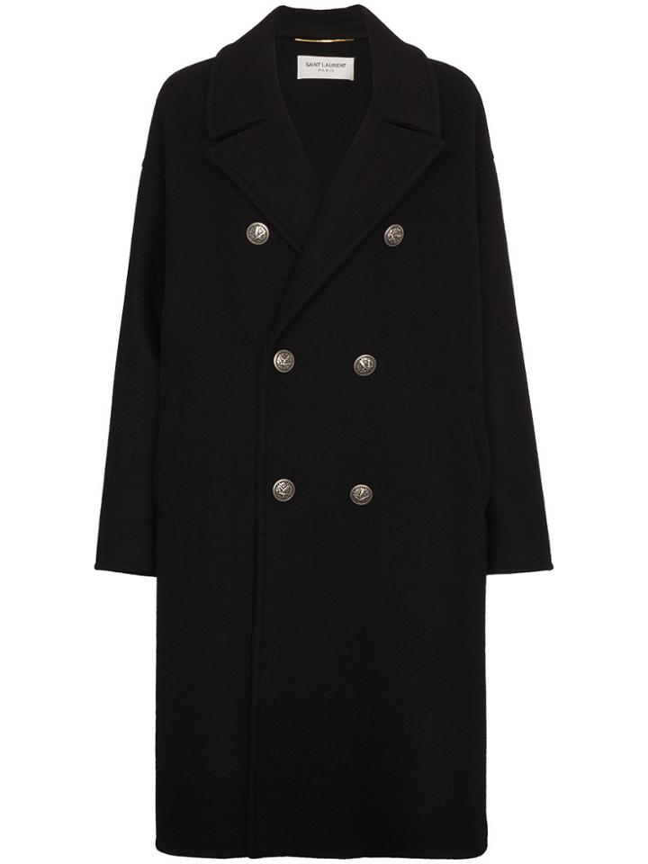 Saint Laurent Double Breasted Wool Coat - Black