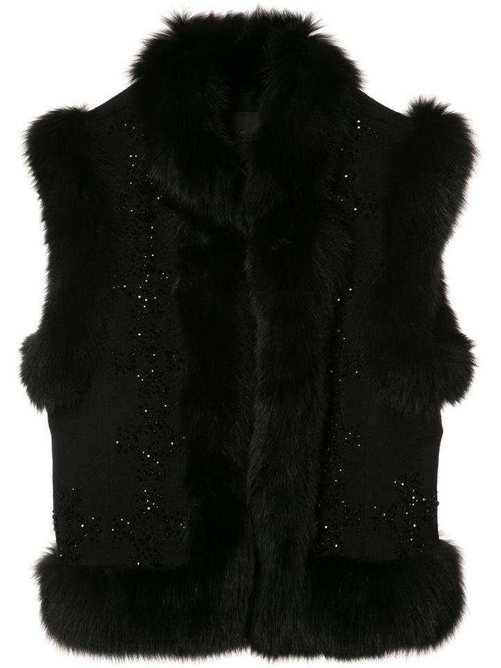 Co Fox Fur Trim Gilet, Women's, Size: Medium, Black, Silk/virgin Wool/fox Fur/glass