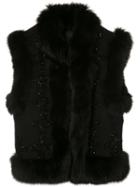 Co Fox Fur Trim Gilet, Women's, Size: Medium, Black, Silk/virgin Wool/fox Fur/glass