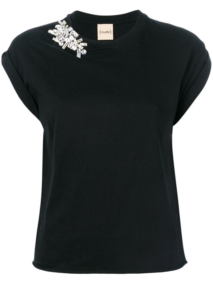 Nude Crystal Embellished T-shirt - Black