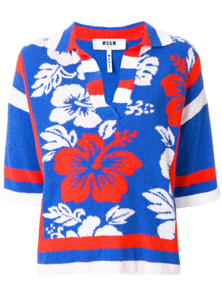 Msgm Floral Print Textured Top - Blue