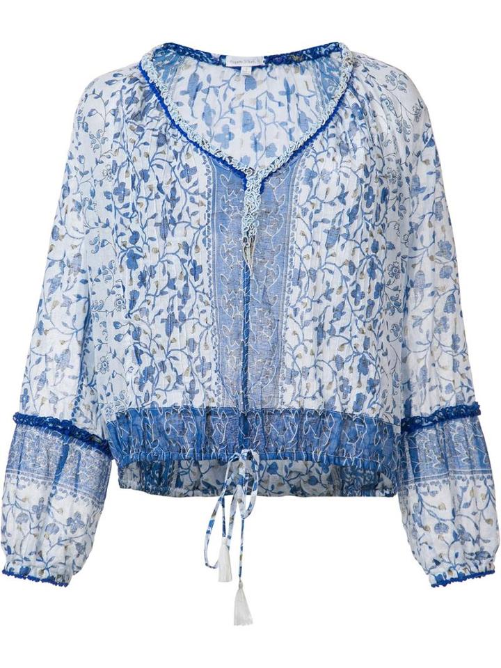 Poupette St Barth V-neck Floral Blouse, Women's, Size: Large, Blue, Cotton