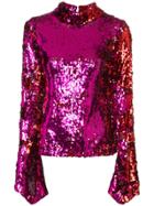 Halpern Sequin Top With Flared Sleeves - Pink & Purple