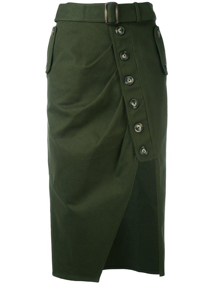 Self-portrait - Asymmetric Buttoned Skirt - Women - Cotton/spandex/elastane - 14, Green, Cotton/spandex/elastane
