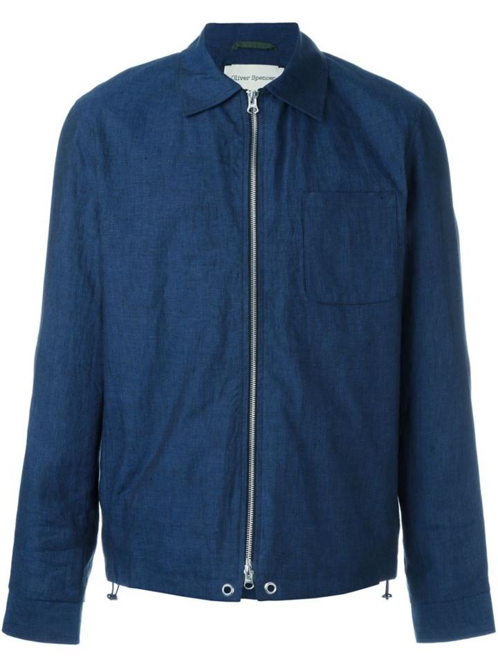 Oliver Spencer 'dover Zip-up Chambray' Jacket, Men's, Size: 40, Blue, Linen/flax/cotton/acetate/polyester