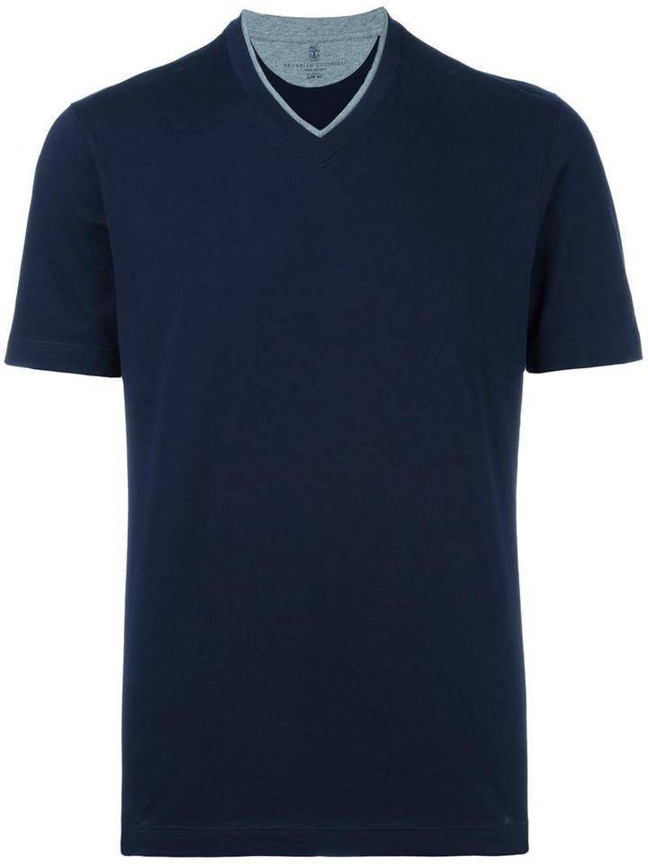 Brunello Cucinelli V-neck T-shirt, Men's, Size: Small, Blue, Cotton