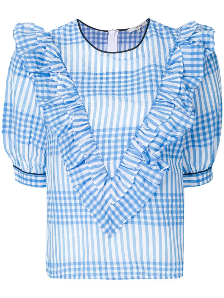 Ganni Checked Ruffle Top - Blue
