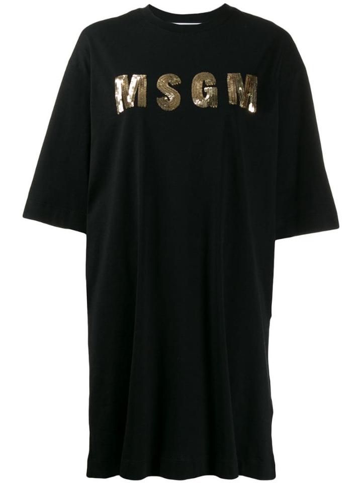 Msgm Sequin Logo T-shirt Dress - Black
