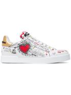 Dolce & Gabbana Graffiti Heart Print Leather Sneakers - White