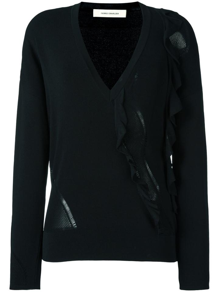 Cédric Charlier Ruffled V-neck Jumper - Black
