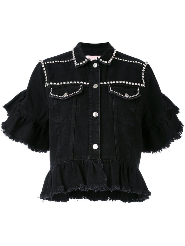 Msgm - Embellished Ruffle Denim Jacket - Women - Cotton - 38, Black, Cotton