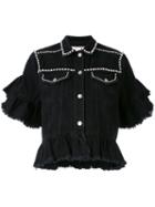 Msgm - Embellished Ruffle Denim Jacket - Women - Cotton - 38, Black, Cotton