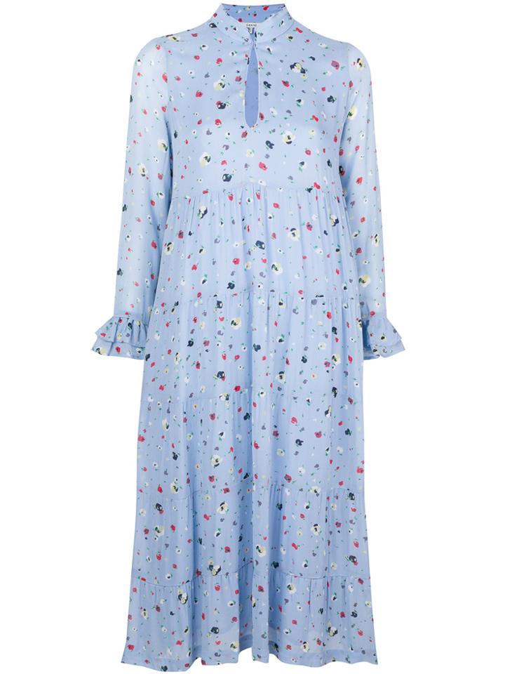 Ganni Floral Flared Midi Dress - Blue