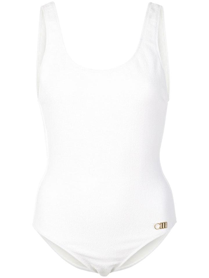 Solid & Striped Plain Round-neck Swimsuit - White