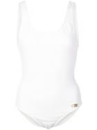 Solid & Striped Plain Round-neck Swimsuit - White
