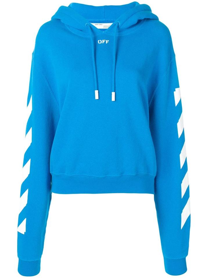 Off-white Stripe Sleeve Drawstring Hoodie - Blue