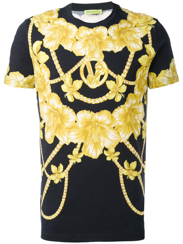 Versace Jeans - Chains And Flowers Printed T-shirt - Men - Cotton/spandex/elastane - Xxl, Black, Cotton/spandex/elastane