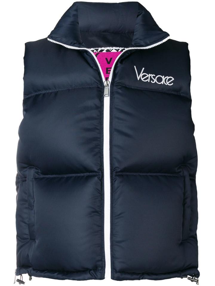 Versace Logo Embellished Down Vest - Blue