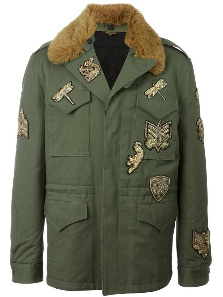 Roberto Cavalli Fur Collar Military Jacket, Men's, Size: 52, Green, Cotton/polyester/cupro