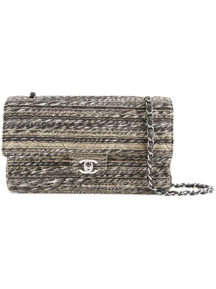 Chanel Vintage Quilted Tweed Double Flap Chain Shoulder Bag, Women's, Silver