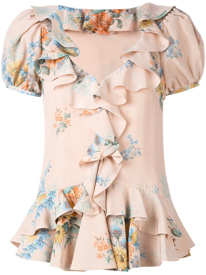 Alexander Mcqueen - Floral Ruffled Blouse - Women - Silk/polyamide - 42, Pink/purple, Silk/polyamide