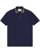 Gucci Dragon Embroidered Collar Polo Shirt - Blue