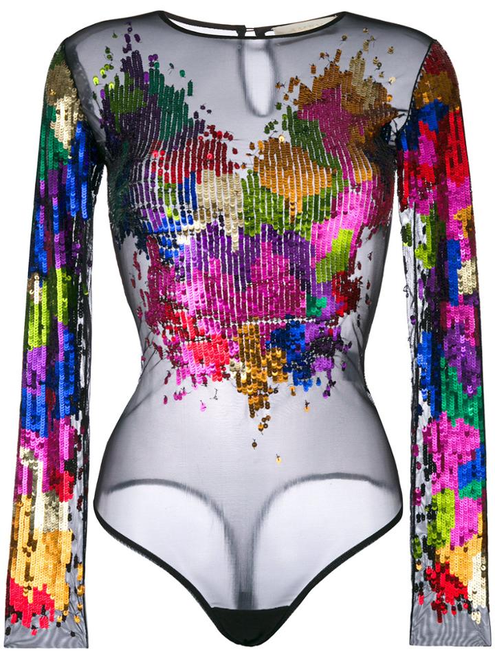 Amen Embroidered Sheer Fitted Top - Black