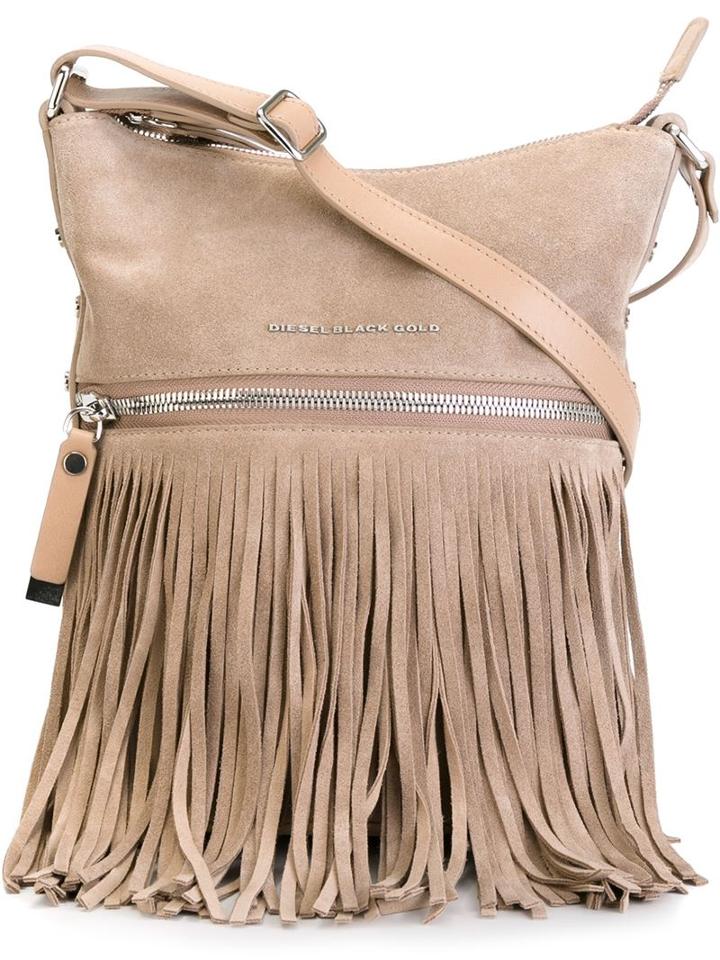 Diesel Black Gold Front Zip Fringe Shoulder Bag, Women's, Nude/neutrals, Calf Leather