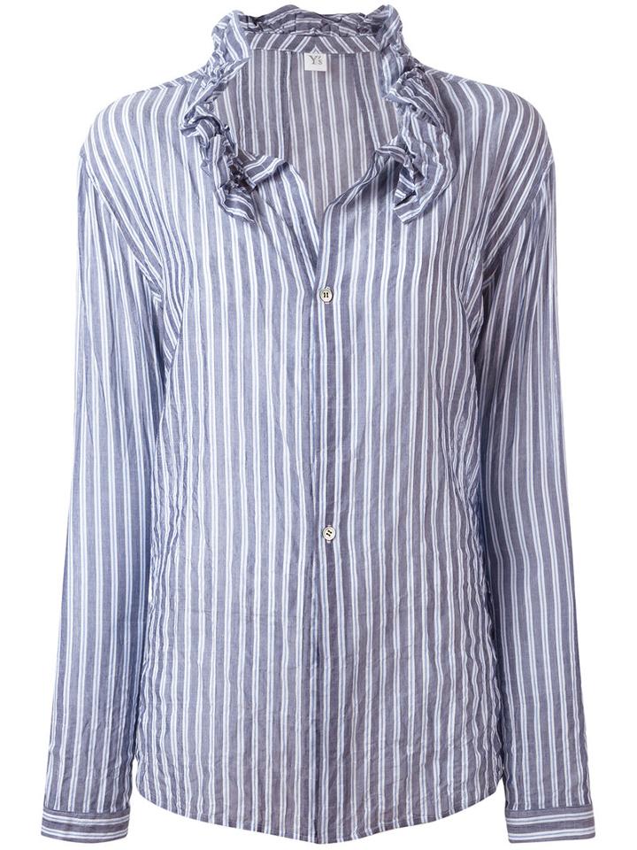 Y's - Striped Frill Collar Blouse - Women - Cotton/polyurethane/tencel - 1, Women's, Blue, Cotton/polyurethane/tencel