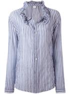 Y's - Striped Frill Collar Blouse - Women - Cotton/polyurethane/tencel - 1, Women's, Blue, Cotton/polyurethane/tencel