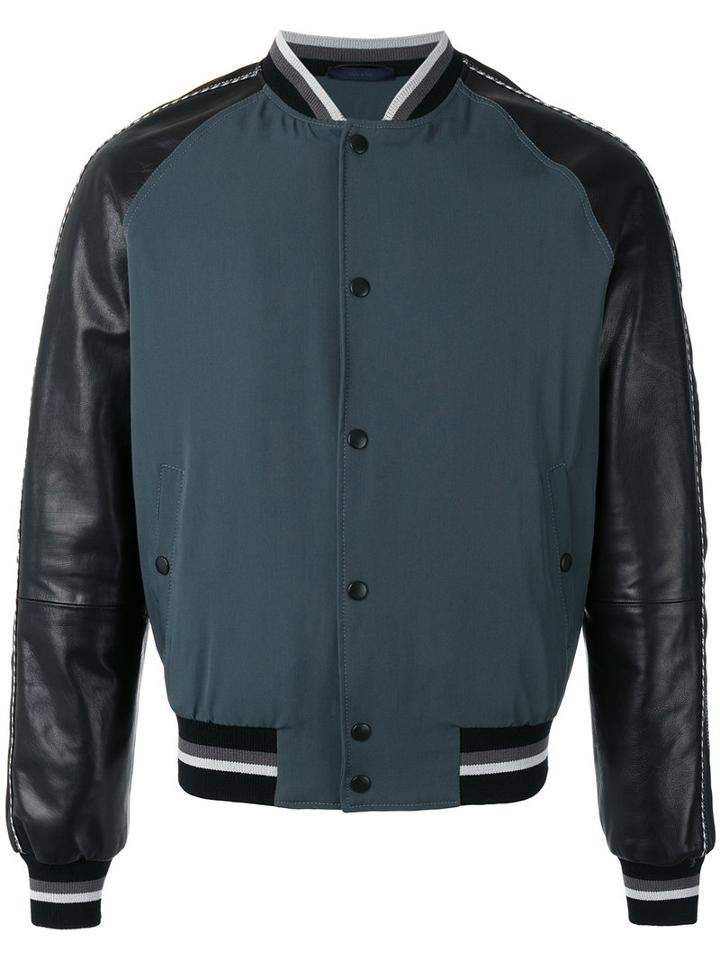 Lanvin Piped Sleeve Bomber Jacket, Men's, Size: 54, Green, Cotton/leather/metallic Fibre/cotton