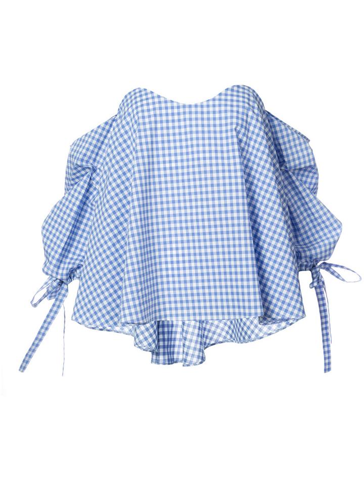 Caroline Constas - Checked Off Shoulder Blouse - Women - Cotton - Xs, Blue, Cotton