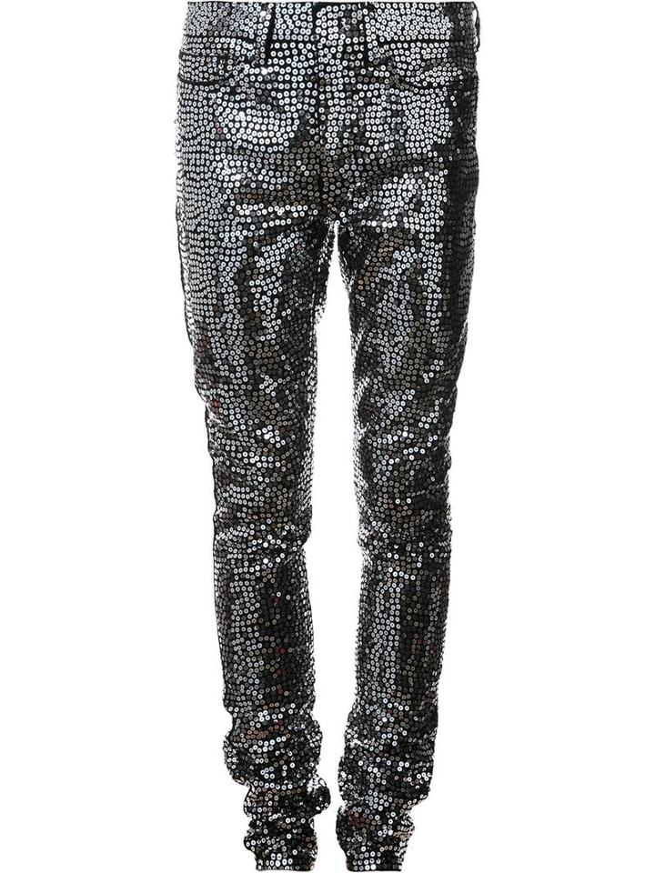 Saint Laurent Sequin Embellished Skinny Trousers, Women's, Size: 27, Black, Cotton/spandex/elastane/polyester