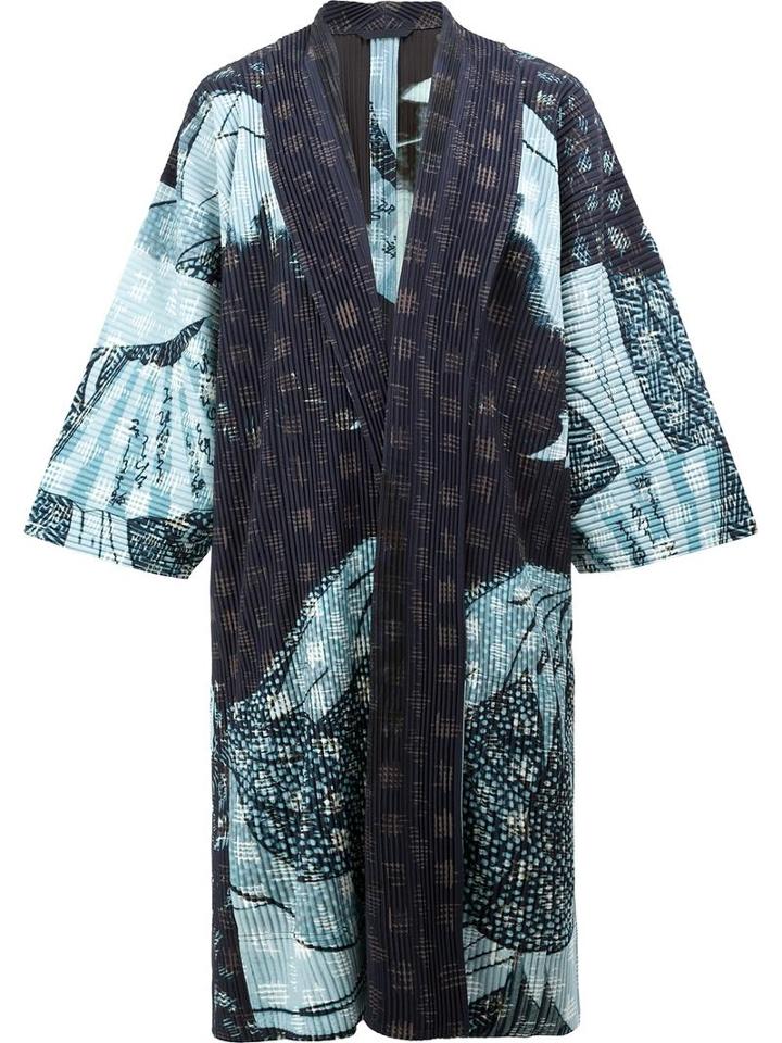 Homme Plissé Issey Miyake Abstract Print Kimono Coat, Men's, Size: 3, Blue, Polyester