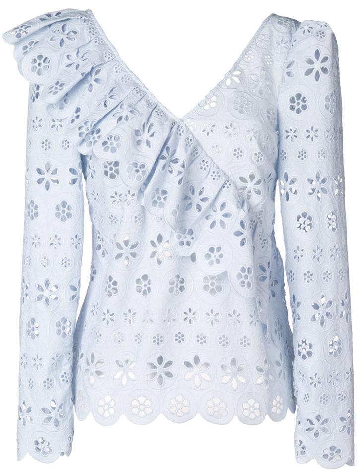 Self-portrait Floral Broderie Frill Top - Blue