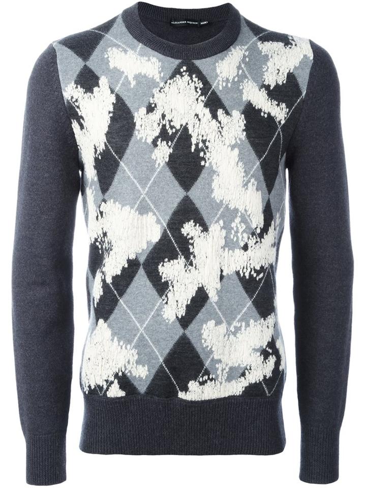 Alexander Mcqueen Argyle Worn Away Jumper, Men's, Size: Medium, Grey, Cashmere/wool