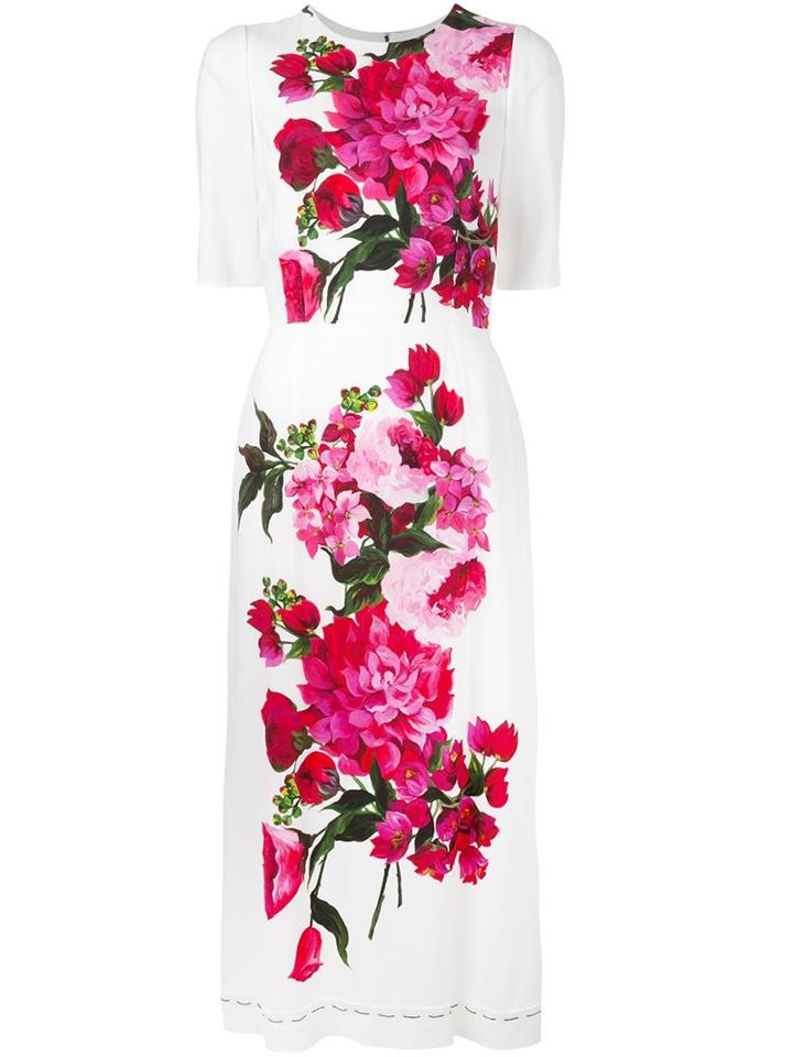 Dolce & Gabbana Floral Print Dress, Women's, Size: 40, White, Viscose/silk/spandex/elastane